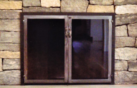 falmouth square black frame twin doors in natural iron finish, standard forged handles